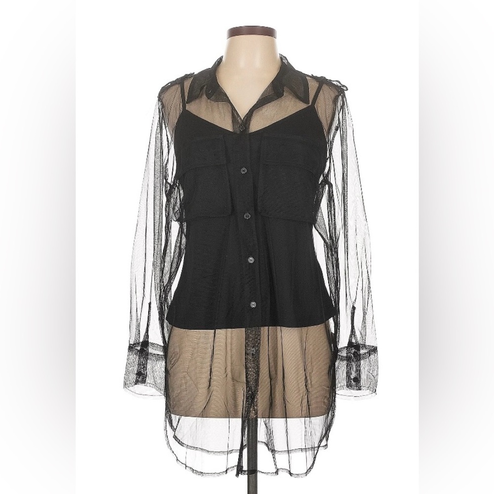 NWT Women’s Intempo Sheer Black Button-Up Blouse with Tank Top
